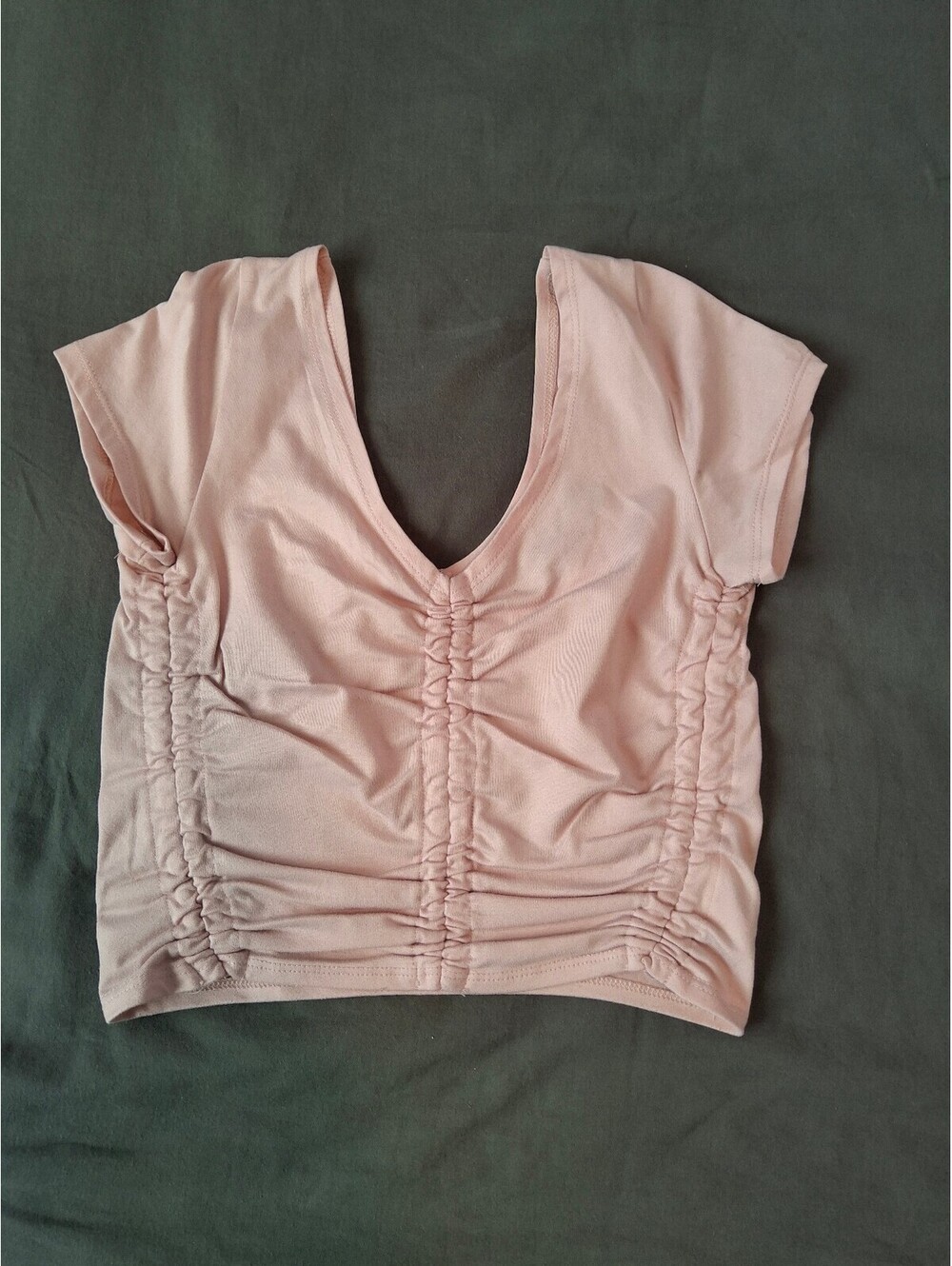 Urban Outfitters Blush Ruched Cap Sleeve Deep V Crop Top
